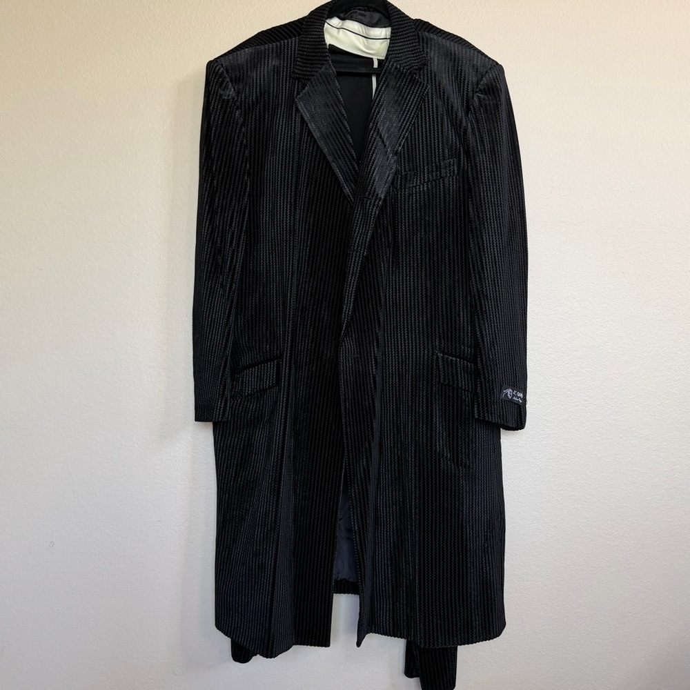 Men’s Black Velvet Pinstripe 2PC Long Coat  Suit - Picture 2 of 11